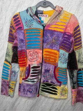 Vintage Ezhippie Multicolor Patchwork Utility Jacket with Hood Small